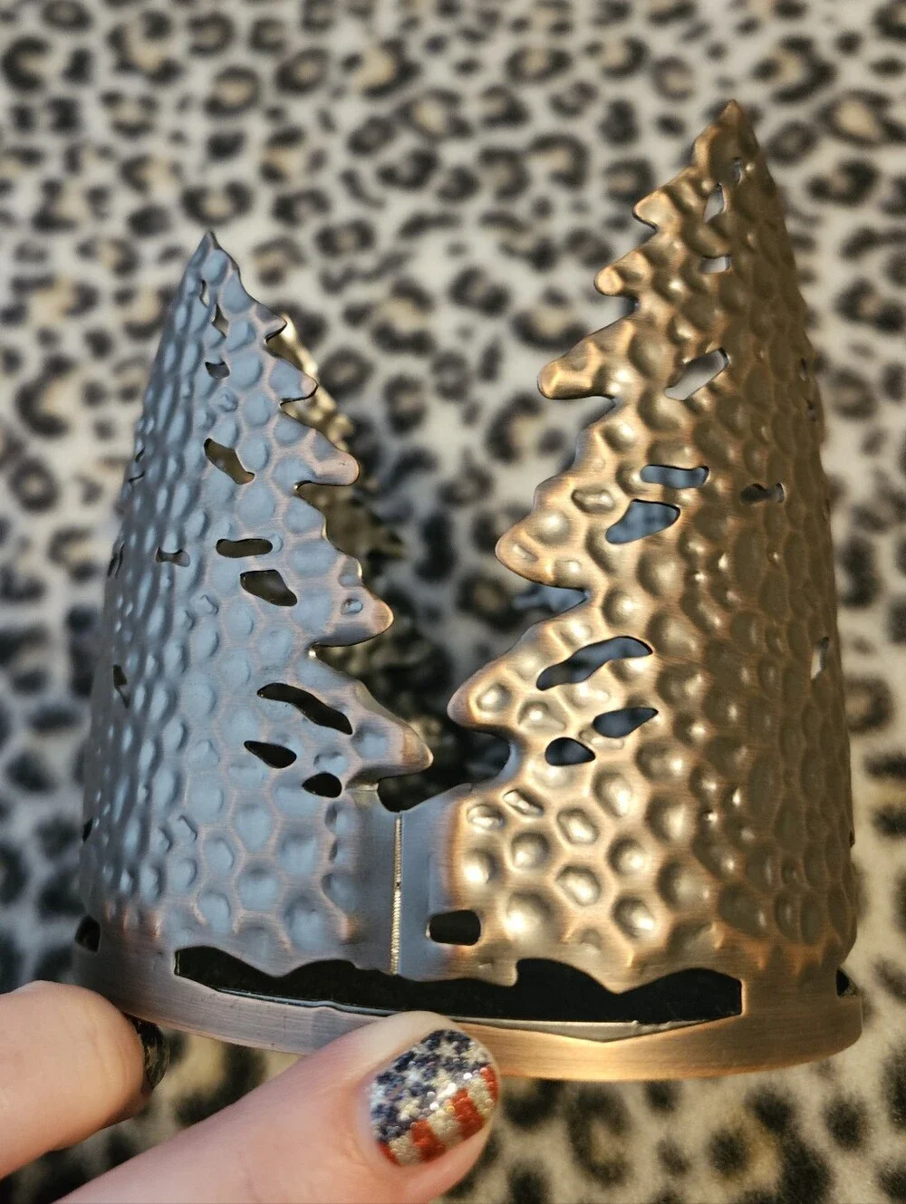 Bath & Body Works Bronze Hammered Metal Evergreen Trees 3-Wick Candle Holder